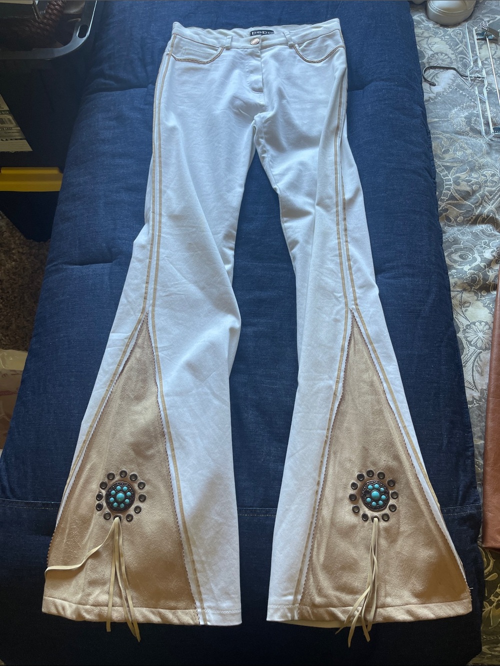 bebe White Jeans with Tan Side Inset and Stud Detail